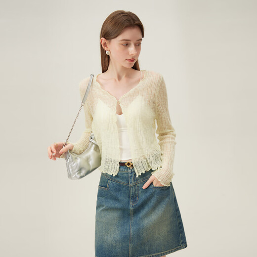 
Fan Silan thin long-sleeved sun-visual sweater cardigan for women's summer sweet hollow air conditioner shirt 24FS12119 white L