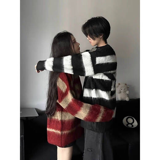Ice hidden sweater men's autumn and winter trendy brand retro striped autumn and winter loose casual lazy style American round neck sweater couple outfit red [Hui/*1592] XL Recommended 125-140Jin [Jin equals 0.5 kg]