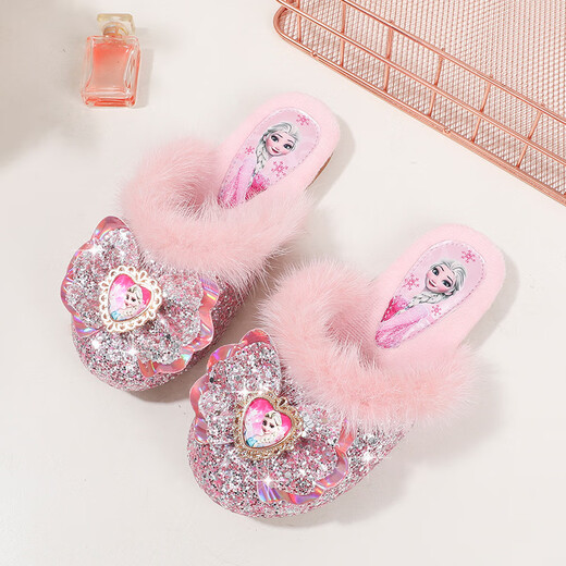 Children's Winter Plush Mops Fashion New Girls Elsa Princess Fashion Home Flat Heel Baotou Warm Cotton Mops Blue Plush 28 Size 28