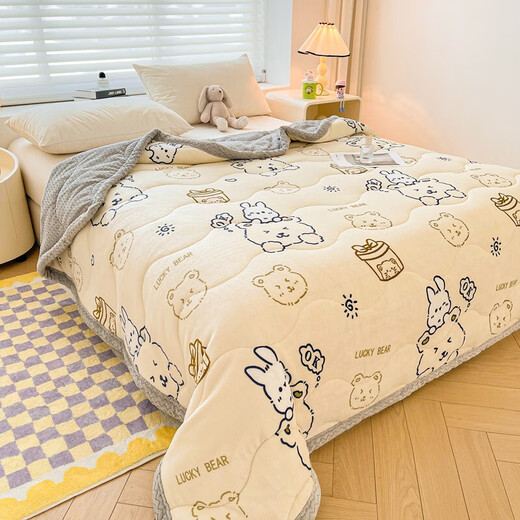 Yalu Class A Baby Coral Velvet Blanket Winter Thickened Nap Office Air Conditioning Sofa Small Quilt Shawl Throw Blanket Three-layer Blanket-Bunny Bear-Grey Class A Thickened Baby Blanket 100x150cm-Anti-static and No Shedding