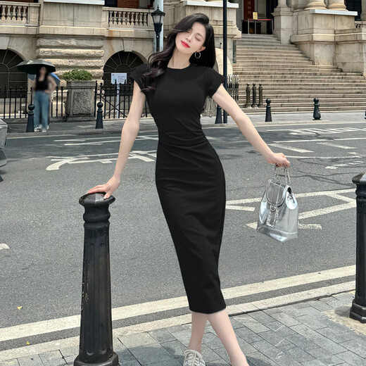 Fencysweet Moda Baumwollkleid für Frauen für Frauen 2025 Sommerpendelverkehrs vielseitiger runder Hals-Taille-Hugging Slim T-Shirt Long Rock 3527 Black S 78-90jin [Jin gleich 0,5 kg] Büste 74-78 cm