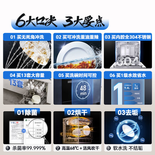 13 sets of Canbo dishwashers, built-in household dishwashers, integrated kitchen cleaning, disinfection, baking and storage, high temperature spray, first-class water efficiency, 304 stainless steel, intelligent fully automatic, black model, 13 sets, large capacity, sterilization rate up to 99.999%