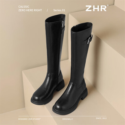 ZHR long boots for women, fashionable pleated knight boots, women's winter velvet tall thick-soled women's boots BL323A black 37