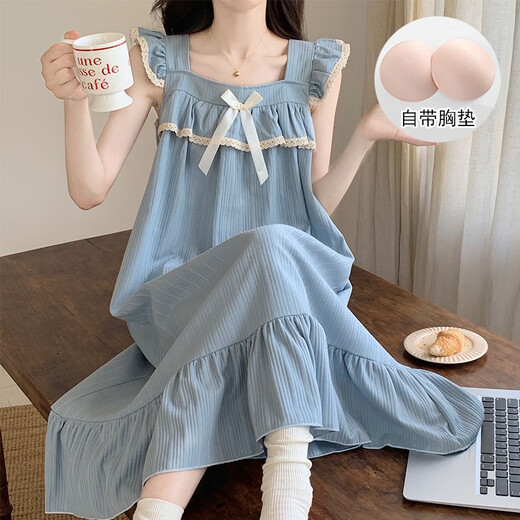 
Slim and beautiful summer princess style cotton suspender nightgown for women in summer thin pajamas with chest pad girl mid-length dress 9905 black M