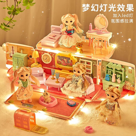 Jihuang 2024 Toy Girl, играющая в дом Принцесса Дом Девочки 3-6 лет 7 маленьких девочек 5 детей 4 подарка на день рождения Стиль гостиной + 2 куклы + свет [изящная подарочная коробка