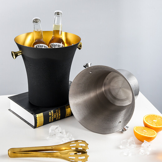 VINOS stainless steel ice bucket ice cube bucket creative large ice bucket commercial bar KTV champagne beer red wine bucket home large ice bucket 5L-gold + ice clip