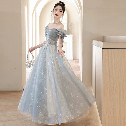 Li Baixin blue evening dress banquet light luxury niche temperament high-end advanced sense art test host adult ceremony for women spring blue M recommended 90-100Jin Jin equals 0.5 kg