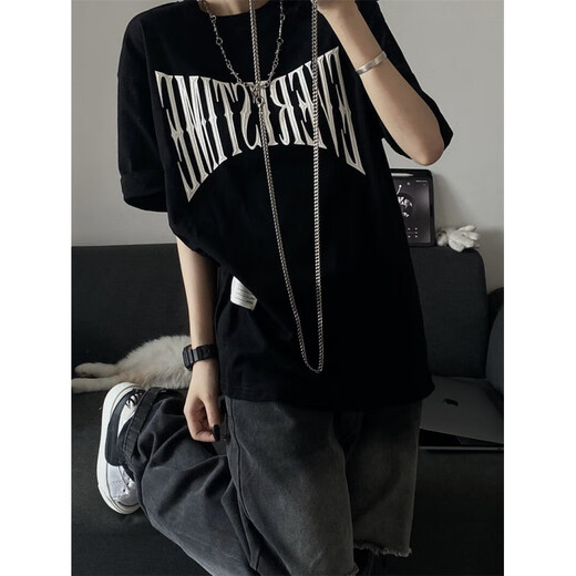 Simple direction American retro design ripped jeans summer handsome street gender-free versatile wide-leg trousers men and women ins 9930 black + belt one size s