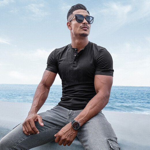 BensonVision sports short-sleeved fitness training t-shirt running casual top solid color slim fit Henry collar bottoming shirt men's summer grass green S