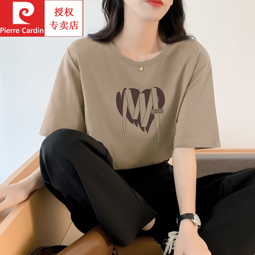 皮尔卡丹（pierre cardin）卡其色纯棉短袖t恤女夏大版气质潮牌体恤独特别致新款上衣设计感 卡其色 653 L