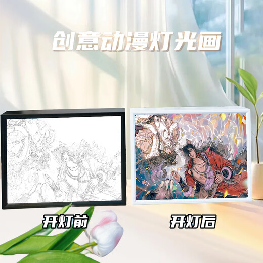 天官赐福镜子灯光画小夜灯定制相框发光画抖音谢怜创意摆件送礼物 3524 天官-红莲 镜子白框16.5*21充电款