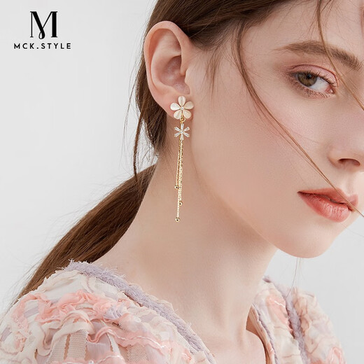 Mck imitation opal flower tassel ear clip women's long pierced earrings girlfriend Chinese Valentine's Day gift