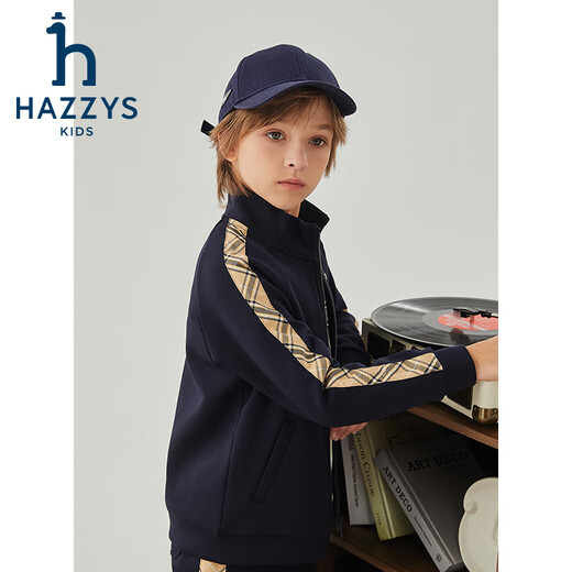 哈吉斯（HAZZYS）品牌童装男童套装秋季新款弹力舒适休闲时尚立领格纹拼接套装 藏蓝 155