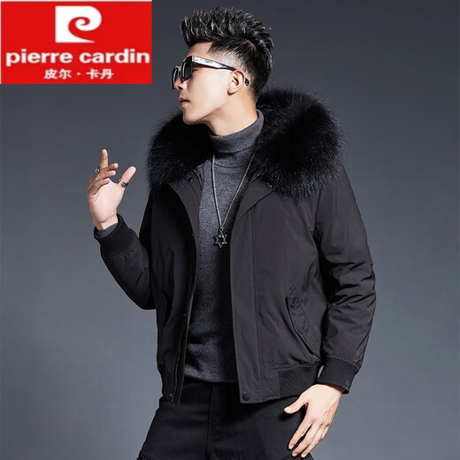 Pierre Cardin 2025 new winter parka men's short detachable fur jacket coat slim and thickened black M
