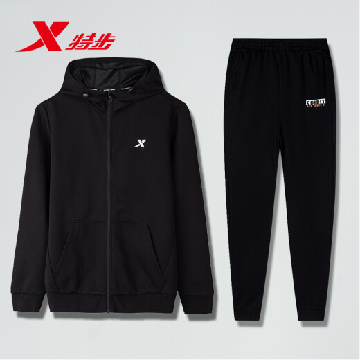 特步运动套装男装夏季休闲运动服夏跑步卫衣卫裤两件套 连帽卫衣9276+黑 185/2XL