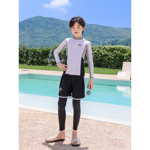 ZKHE sun protection quick-drying swimsuit boys' small, medium and large children's long-sleeved trousers teenagers men's split wetsuit swimsuit 009 three-piece set swimming cap boy XL 30-40Jin Jin equals 0.5 kg