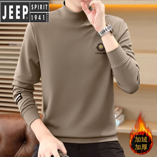 JEEP SPIRIT autumn and winter new men's velvet half turtleneck cotton sweatshirt long-sleeved T-shirt bottoming shirt slim fit skin-friendly inner wear Khaki M 85-110Jin Jin is equal to about 0.5 kg