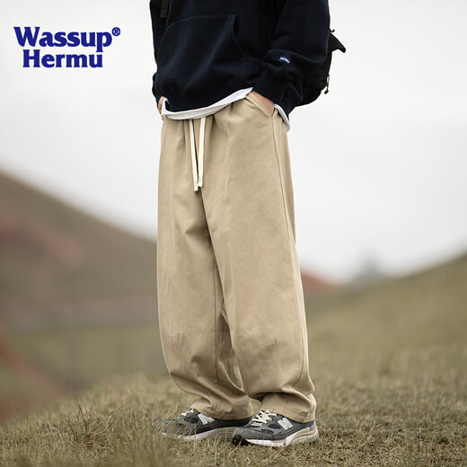 WASSUP HERMU official pure cotton casual pants for men and women, spring and summer overalls, mountain style sports drape, loose solid color straight long pants, brown L (recommended 120-145Jin Jin equals 0.5kg)