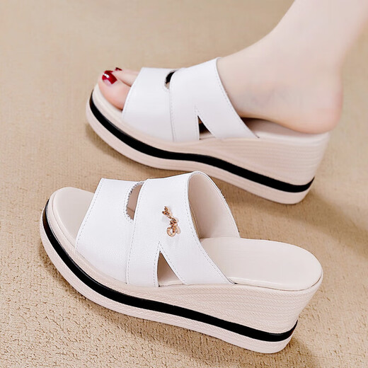 Woodpecker high heel sandals for women 2025 summer new slippers for women wearing high-value wedge non-slip sandals white 37