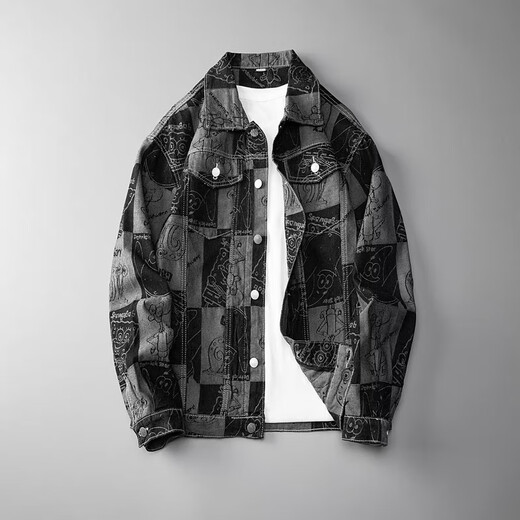 JIAYE Working denim jacket men's spring and autumn new casual and handsome American loose jacket men's trendy black jacket black XL 170-175cm [130-150Jin [Jin equals 0.5 kg]]