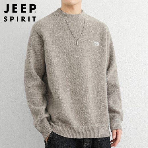 JEEP SPIRIT Jeep sweater men's autumn and winter Korean style round neck sweater men's one-piece velvet warm sweater light gray XL