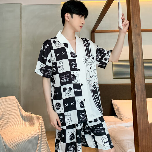 Catmans neue kurzärmelige Long Hosen Herren-Pyjamas Drei-teilige Sommer-Eisseide-Teenager können außerhalb B673 3xl zu Hause tragen (vorgeschlagener Größe 185 und Gewicht 175