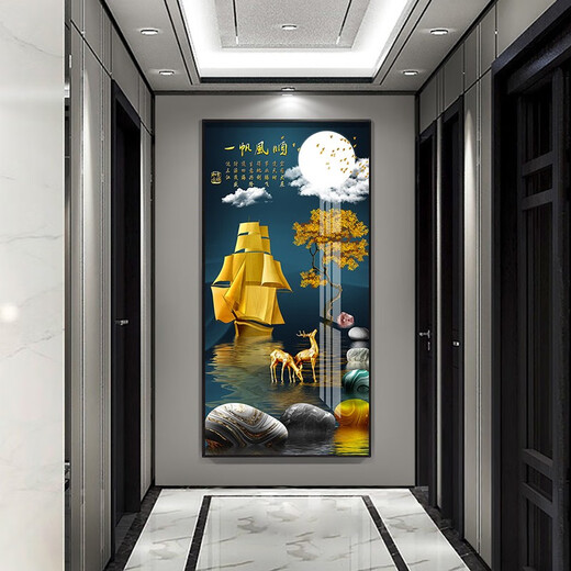 小泸林一帆风顺玄关挂画正对门壁画装饰画高级感简约轻奢竖版走廊过道画 10-一帆风顺14087 布艺画-50*100黑色