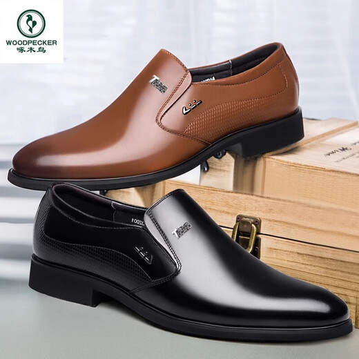 啄木鸟皮鞋男鞋春秋季新款休闲真皮商务正装棕色英伦百搭一脚蹬内增高潮 9908黑色增高 38