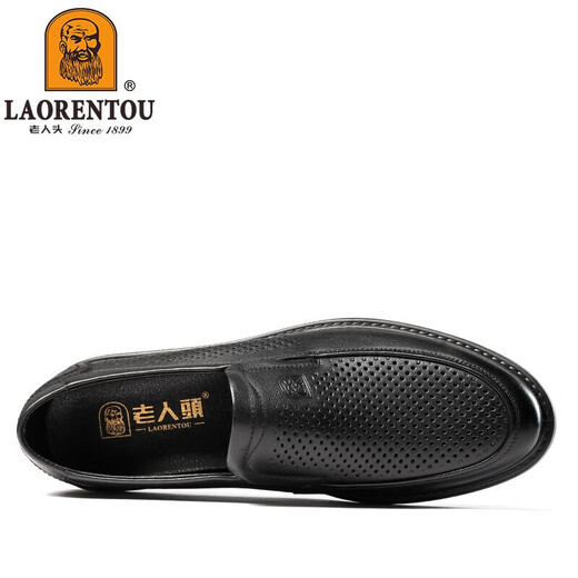 老人头（LAORENTOU）男皮鞋夏季镂空休闲鞋头层牛皮套脚鞋透气打孔鞋 LL12027 黑 44 