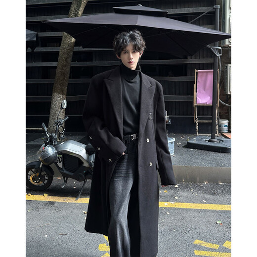 
NEW OR MODE British style long lapel woolen coat men's autumn and winter new versatile rivets high-end loose trendy coat Black XL
