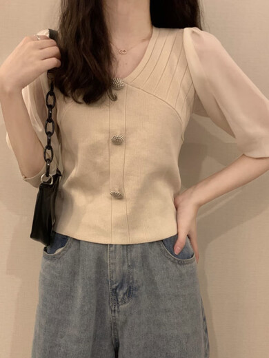 Direction simple 2025 Été Nouveau glace en soie en mousseline de mousseline en V épisse en V Sweater à manches courtes Lady Lame de base mince de base courte MCL 3523 Black One Size (70-125jin [Jin est égal à 0,5 kg] peut être usé) peut être porté)
