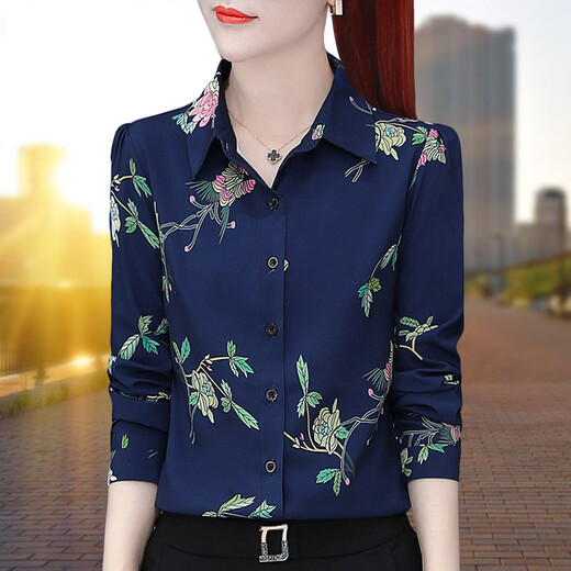 Ran Yilan middle-aged man's summer long-sleeved clothes for women's printed chiffon shirt for women spring and autumn new mother's outfit retro 3519 big red one size s