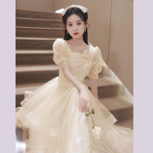 Libaixin champagne color evening dress for women 2025 new light luxury niche high-end high-end vocal music art exam host performance Champagne color M Recommended 90-100 Jin [Jin equals 0.5 kg]