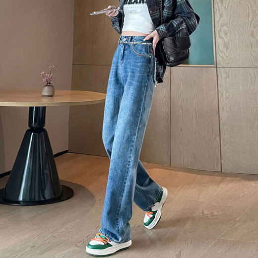 依慕琪高腰直筒牛仔裤女宽松显瘦2025年新款春秋小个子毛边撞色阔腿裤子 hn693 茵曼 复古蓝 S  适合 95斤以内