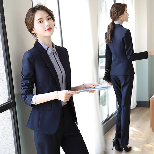 Jian Ting suit suit for women professional formal wear 2026 spring and autumn new temperament women's suit jacket high-end hotel work clothes one button dark blue suit pants + gray blue shirt 3XL slim fit recommended 129Jin Jin equals 0.5kg -138Jin Jin equals 0.5kg