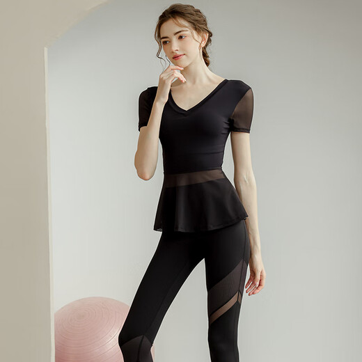 Sporn yoga clothing women's suit summer new short-sleeved thin fitness clothing loose large size professional Pilates sports suit pink top (with chest pad) + leg shaping trousers XXL (140-160Jin Jin equals 0.5 kg)