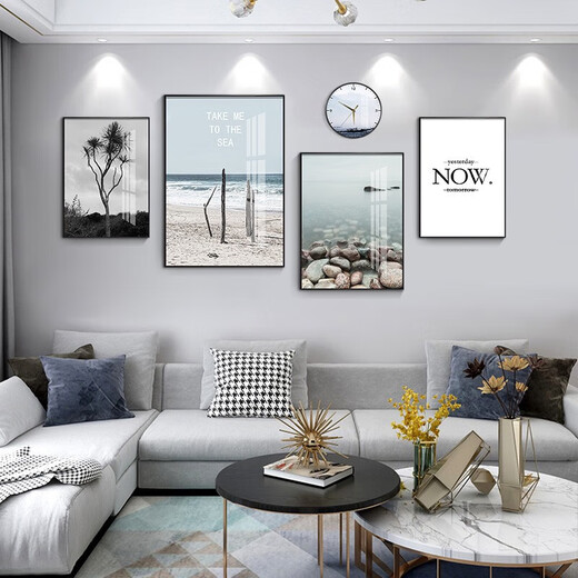 
Mohu (mohu) living room decoration painting sofa background wall mural modern simple landscape landscape painting TV wall high-end new style hanging painting landscape painting 15938 (including wall clock) tempered crystal porcelain large combination - black frame