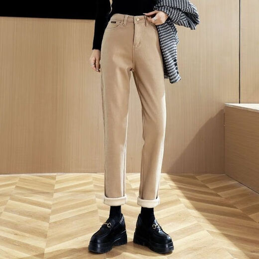 Geyun Jeans Women's 2025 Spring and Autumn New Style Wearing Straight Wide Legs Khaki Cotton Pants Plus Fleece Thickened Smoke Pants Women's Khaki One Buckle [Fleece Thickened] 13588 27 (96 to 105Jin [Jin equals 0.5 kg])