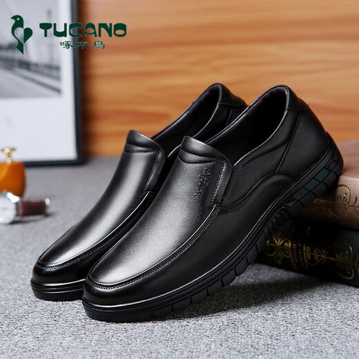 Woodpecker official first layer cowhide casual leather shoes for men genuine leather business middle-aged and elderly dad shoes work shoes soft sole non-slip black 9527 (first layer cowhide) 40 brand flagship off-code special price ten famous shoes