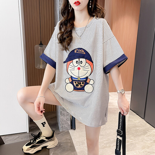 FEILIMUSHANG student embroidery heavy industry striped short-sleeved T-shirt women's clothing design loose medium-length top trendy summer 2025 681 gray M Recommended 110Jin [Jin equals 0.5 kg]