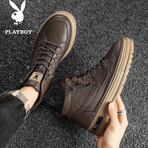 花花公子（PLAYBOY）鞋子男鞋高帮2025棉鞋秋冬季新款男士休闲皮鞋男加绒板鞋马丁靴男 棕色 CPL1253886 41