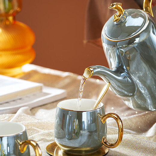 Huangtong Jingdezhen light luxury tea set ceramic cup set water cup complete set of water set household Nordic style high-end gift Aegean Sea Galaxy Gray 8-piece set gift box