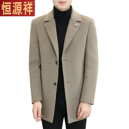 Hengyuanxiang high-end woolen coat men's autumn and winter cashmere double-sided woolen coat men's mid-length high-end thickened windbreaker 2307 Khaki L recommended 105-120Jin Jin equals 0.5 kg