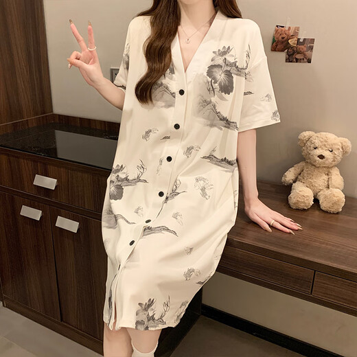 Talihong Nachthemd mit Brustpolster für Frauen für Sommer kurzärmelige dünne Frauen-Pyjamas Feel Tinte Malmalerei große Heimkleidung für Außenkleidung 5155 grüne Blumen mit Brustpolster m