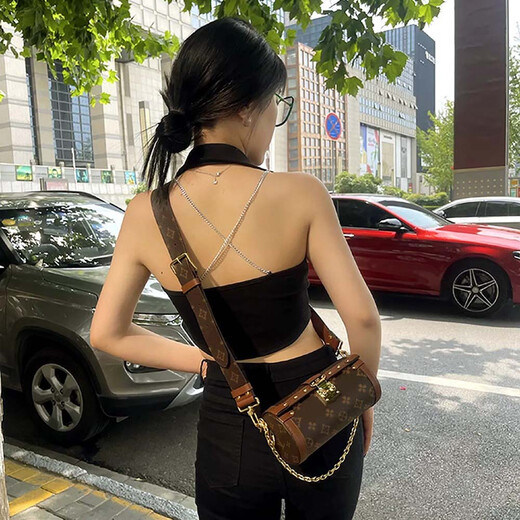 香港专柜轻奢巴比龙圆筒包2025新款女包奢侈品真皮老花单肩斜挎包 咖啡色 （主图视频款+高档礼盒）