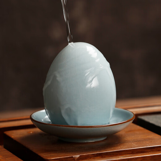 Zhumingtang Ru kiln opens slices to raise tea pets, simulated tea eggs, tea table decorations, exquisite and creative purple clay pot accessories, lucky tea play, Tianqing Ru kiln tea eggs + bottom tray, upgraded version, faster opening, no Specifications