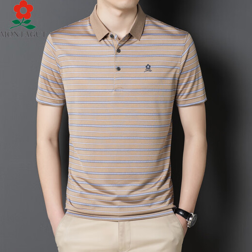 Mengtejiao Herrenbekleidung 100% Mulberry Seiden kurzärmeligte T-Shirt im Sommer Neuer Daddy-Anzug mittleren Alters im mittleren Alter gelegentlich gestreiftes Polo A7018-rot 165/m geeignet für 100-115jin [Jin gleich 0,5 kg]