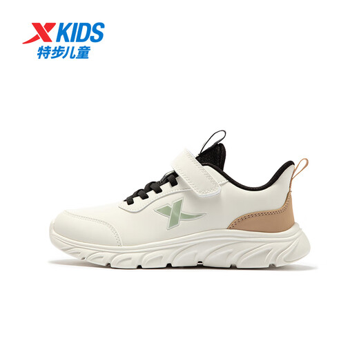 Xtep children's shoes, children's running shoes, boys, middle and large children, four-season mesh leather non-slip cushioning running shoes, Velcro buckle sports running shoes, sail white/green 9550 leather style, size 40