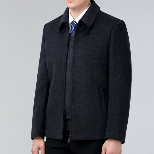 皮尔卡丹高档羊毛夹克男士外套2023秋冬季中老年保暖商务休闲毛呢上衣 28812深兰色 190/3XL