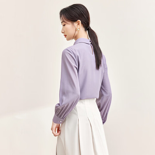Shandubila elegant temperament, sophisticated and fashionable fluttering collared shirt women's long-sleeved chiffon shirt commuting all-match top purple M